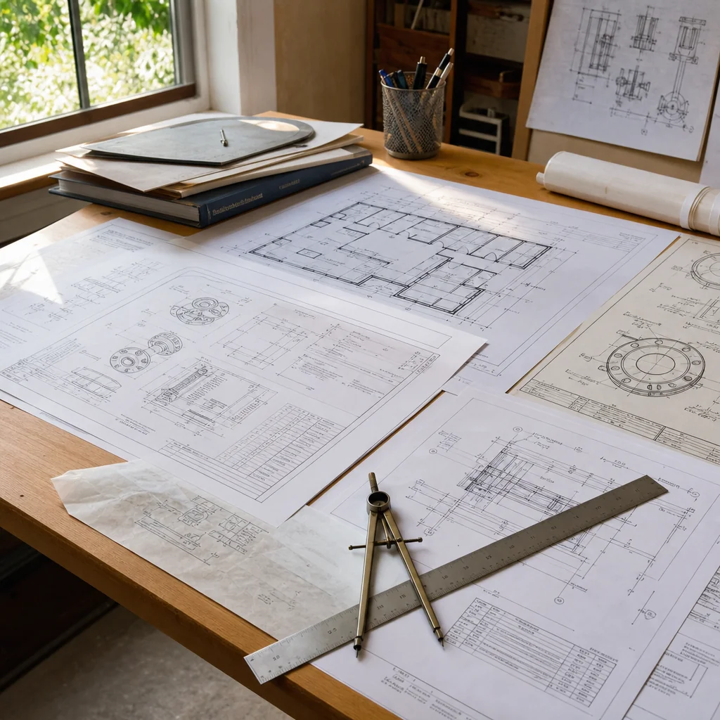 Engineering blueprints laid out on a technical workstation